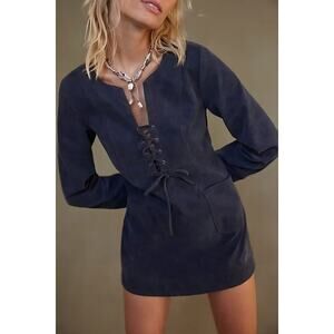 New Free People Bradley Faux Suede Shift Style Mini Dress $168 X-SMALL Lace-up